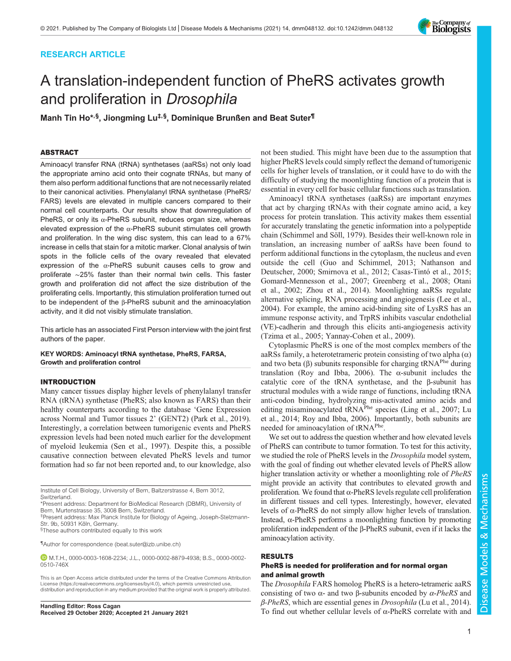 A Translation-Independent Function of Phers Activates Growth and Proliferation in Drosophila Manh Tin Ho*,§, Jiongming Lu‡,§, Dominique Brunßen and Beat Suter¶