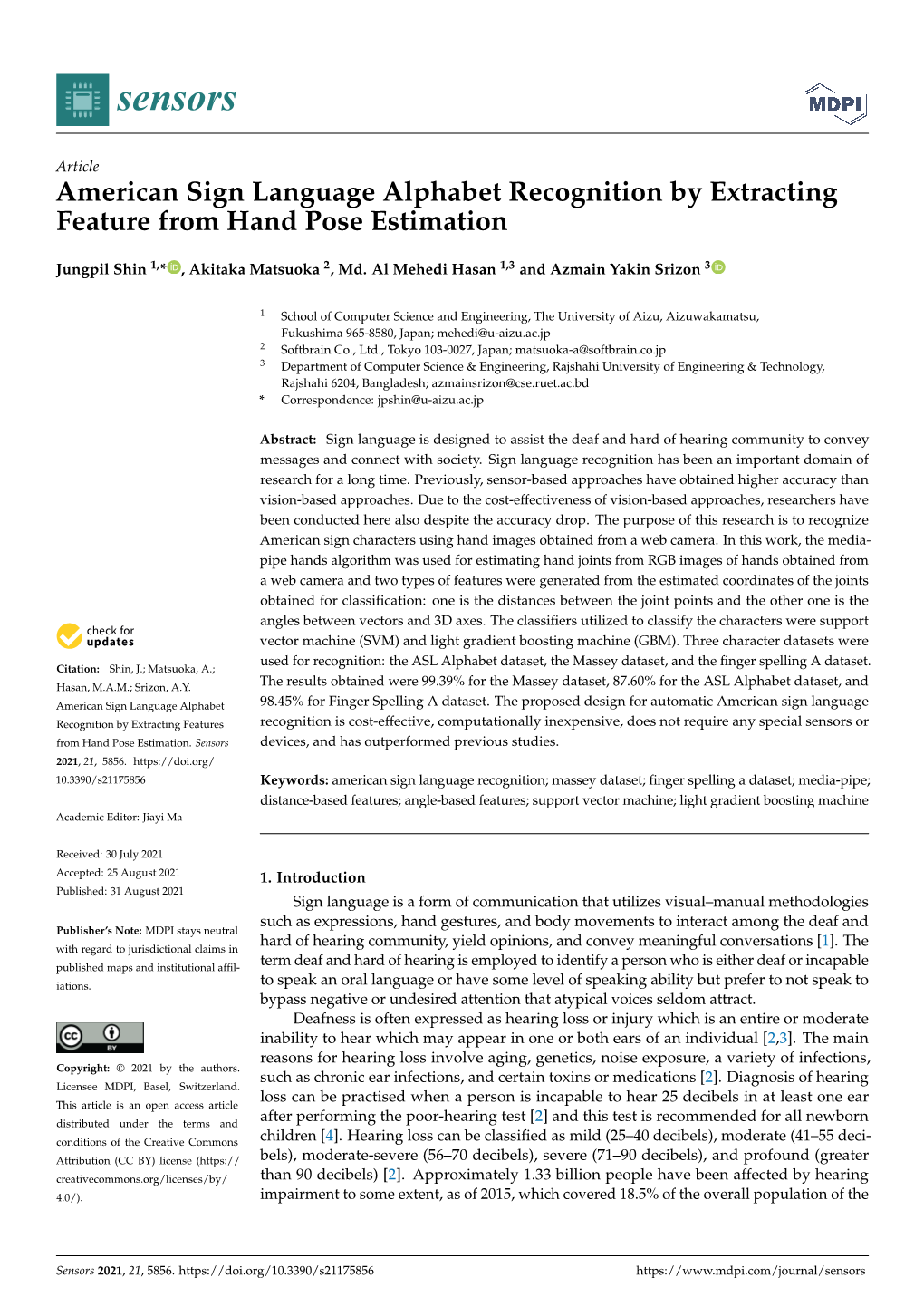 American Sign Language Alphabet Recognition by Extracting Feature from Hand Pose Estimation