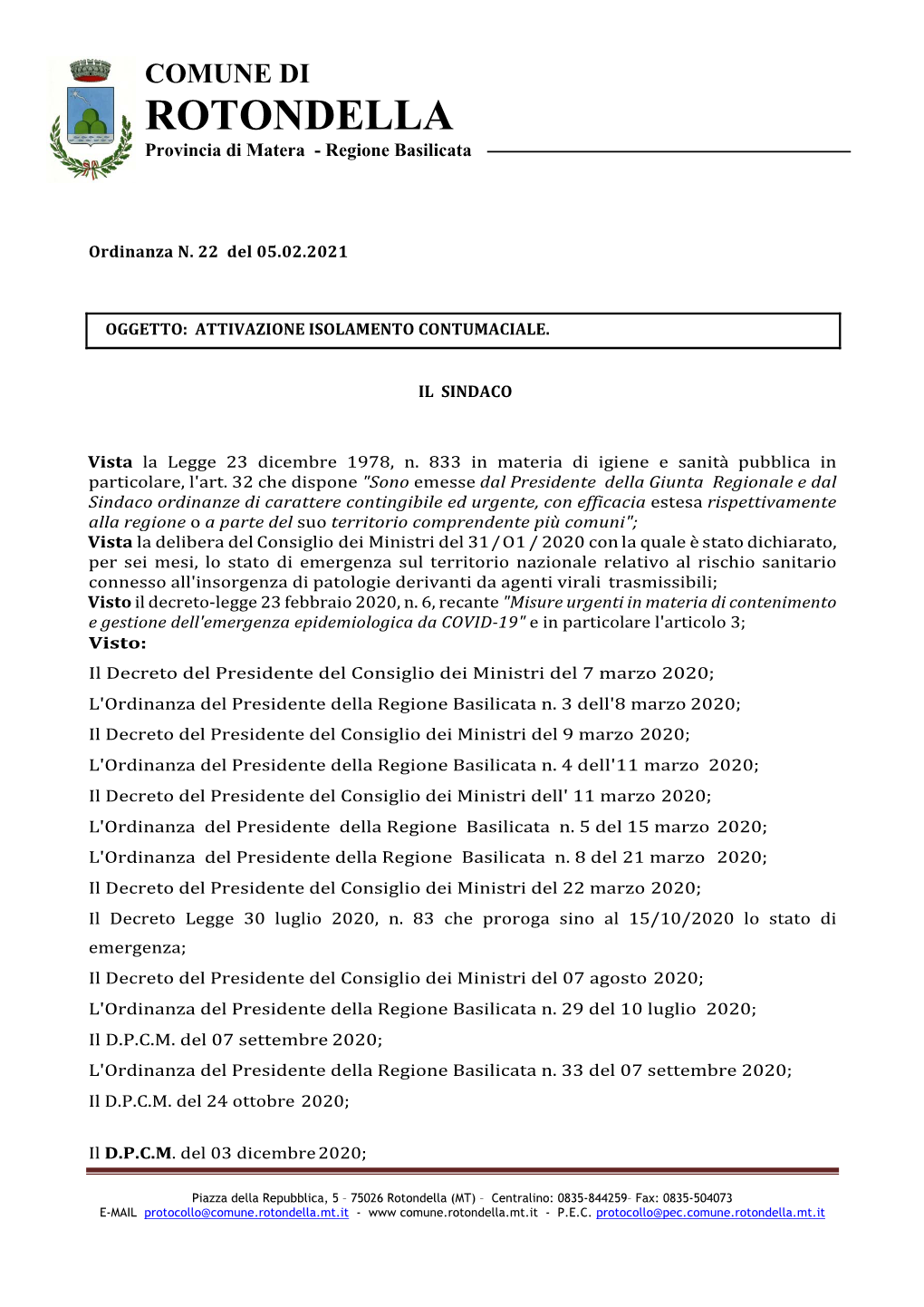 COMUNE DI ROTONDELLA Provincia Di Matera - Regione Basilicata