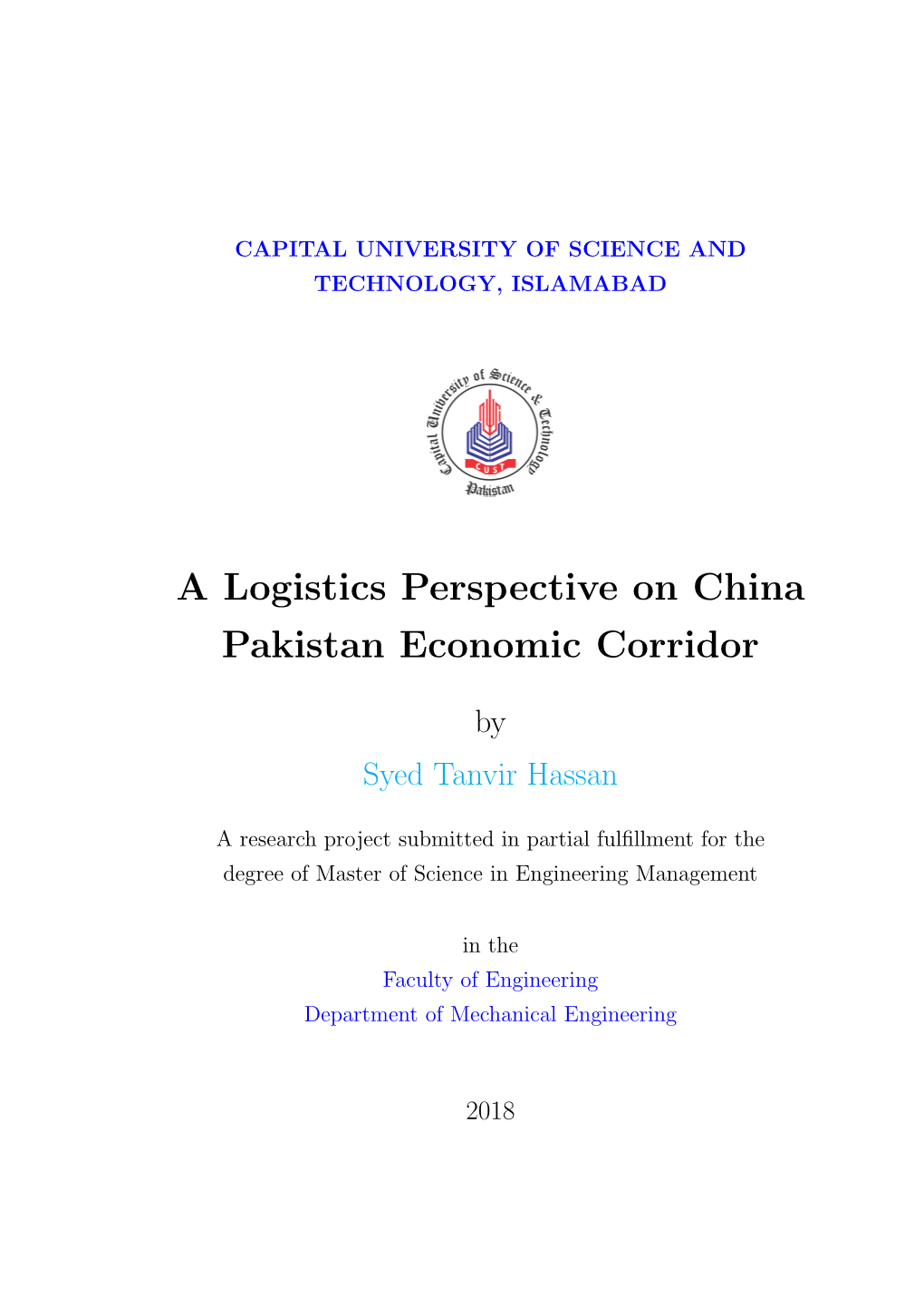 A Logistics Perspective on China Pakistan Economic Corridor