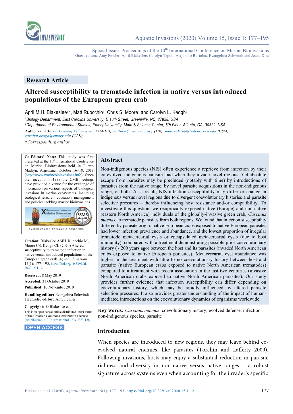 Altered Susceptibility to Trematode Infection in Native Versus Introduced Populations of the European Green Crab