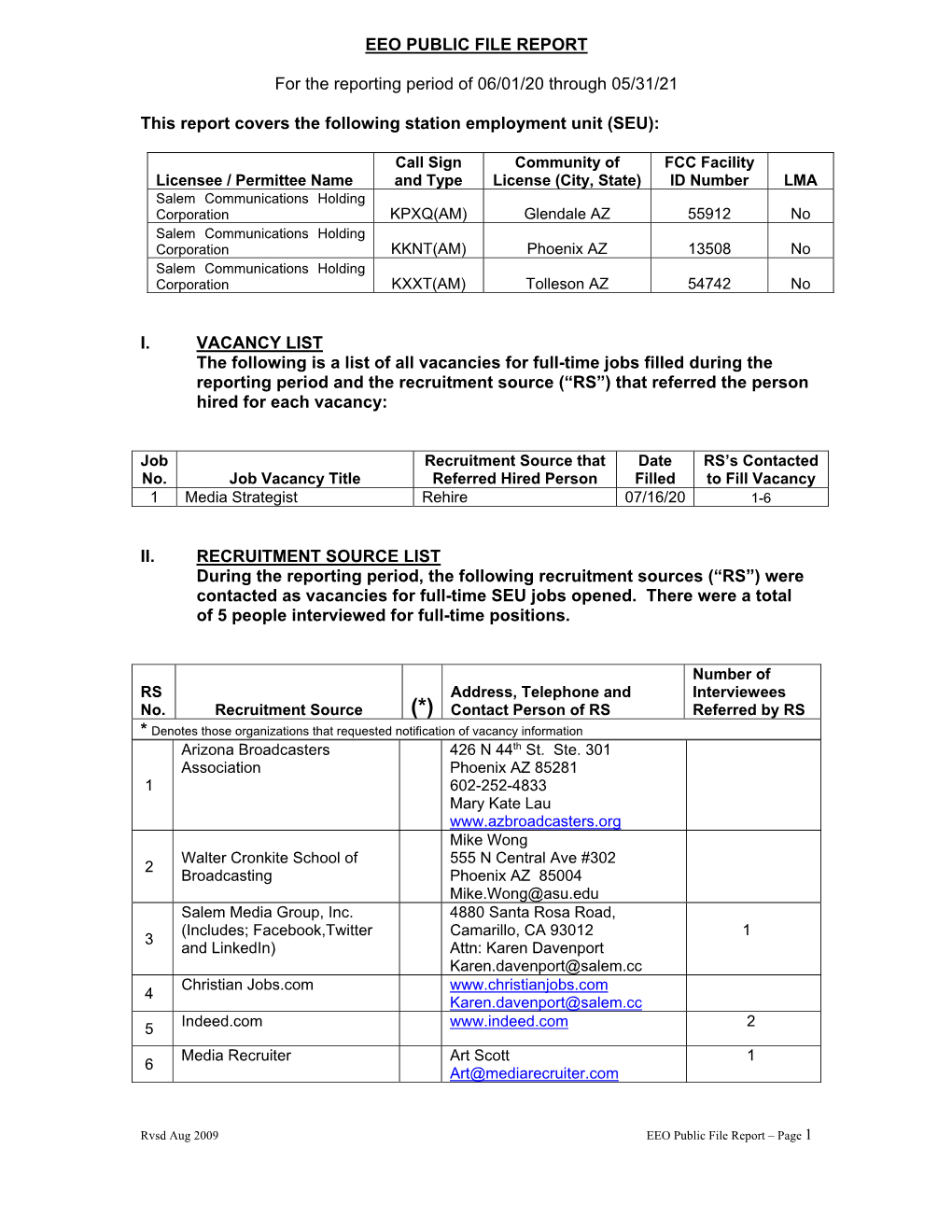 EEO PUBLIC FILE REPORT for the Reporting Period of 06/01/20