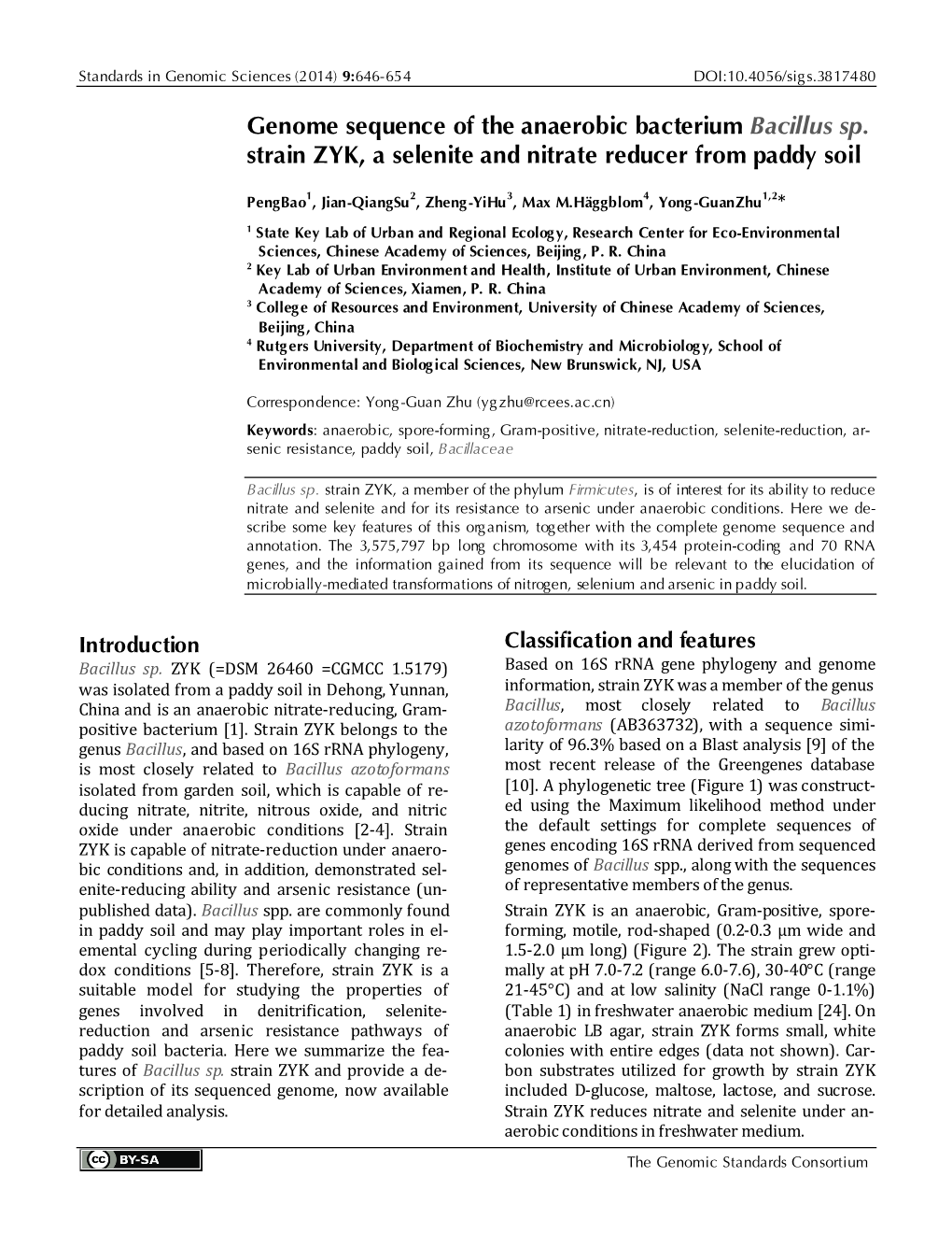 Bacillus Sp. Strain ZYK, a Selenite and Nitrate Reducer from Paddy Soil