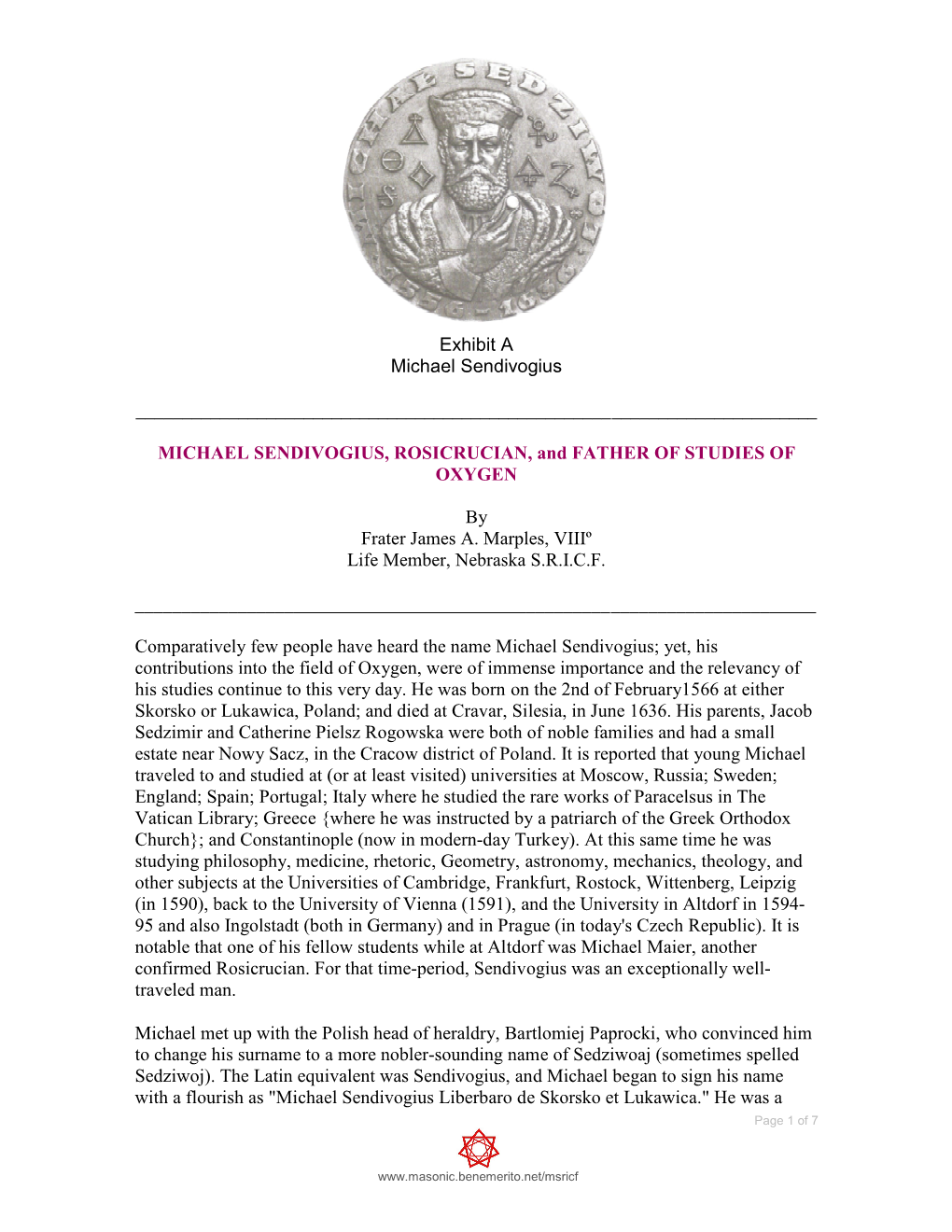 MICHAEL SENDIVOGIUS, ROSICRUCIAN, and FATHER of STUDIES of OXYGEN