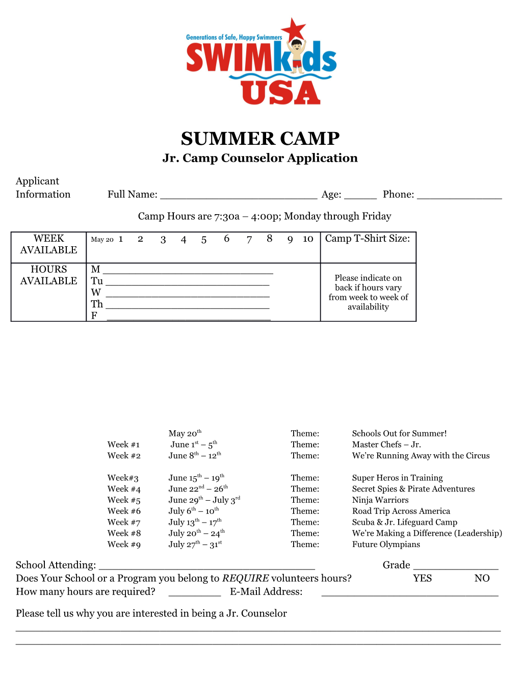 SUMMER CAMP Jr. Camp Counselor Application