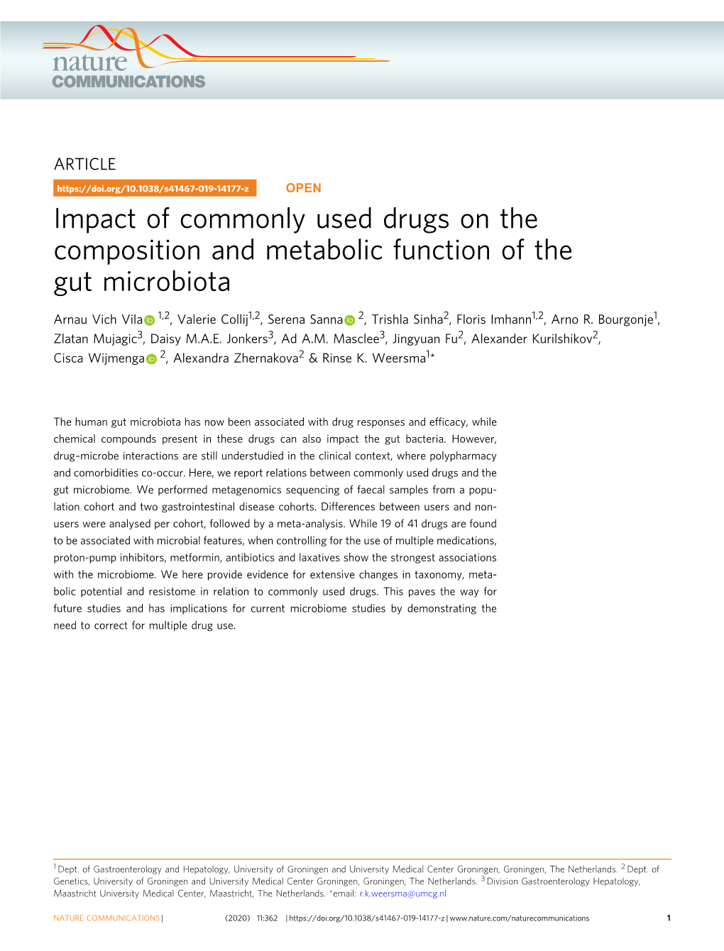 Impact of Commonly Used Drugs on the Composition and Metabolic Function of the Gut Microbiota