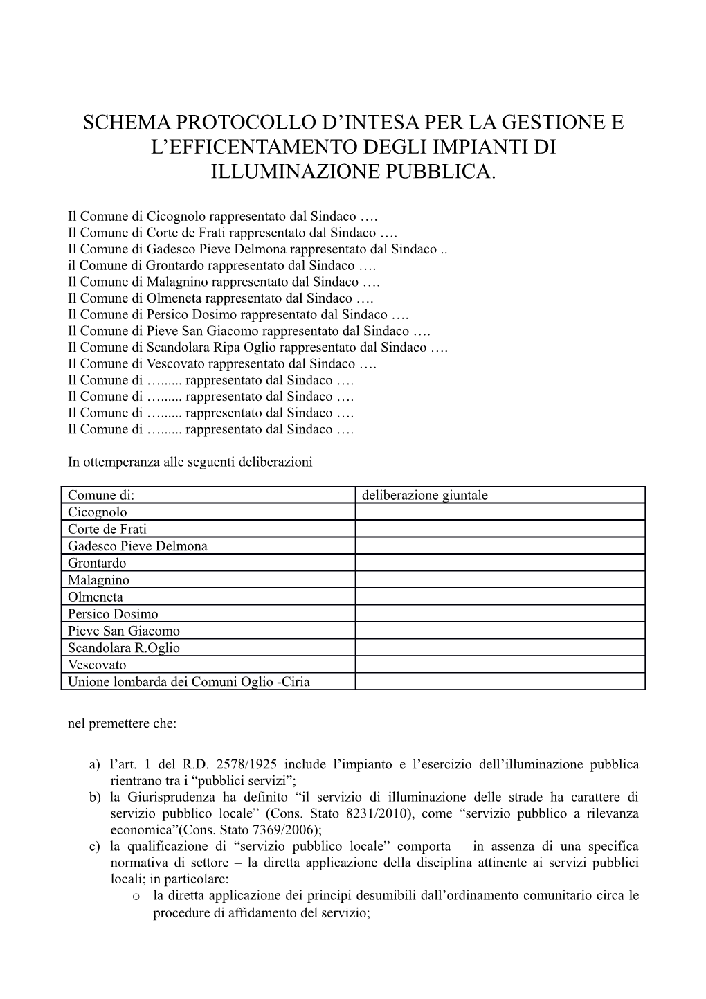 Schema Protocollo D'intesa Per La Gestione E L'efficentamento Degli Impianti Di Illuminazione Pubblica