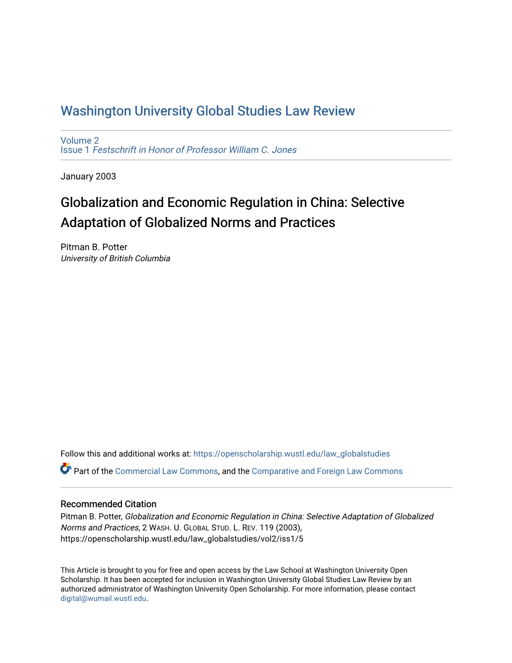 Globalization and Economic Regulation in China: Selective Adaptation of Globalized Norms and Practices
