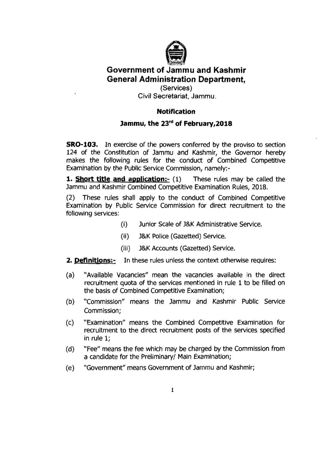 Government of Jammu and Kashmir General Administration Department, (Services) Civil Secretariat