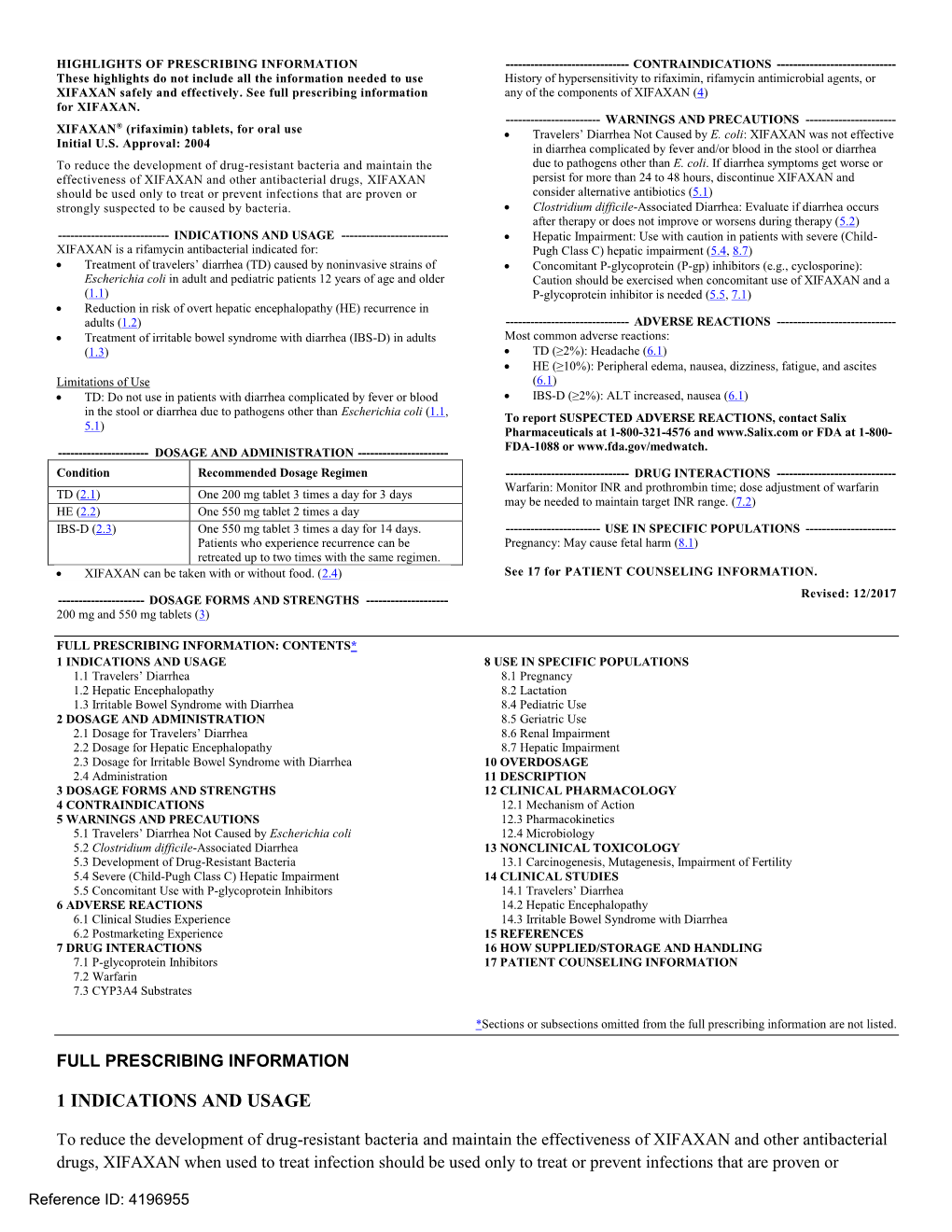 XIFAXAN® (Rifaximin) Tablets, for Oral Use  Travelers’ Diarrhea Not Caused by E