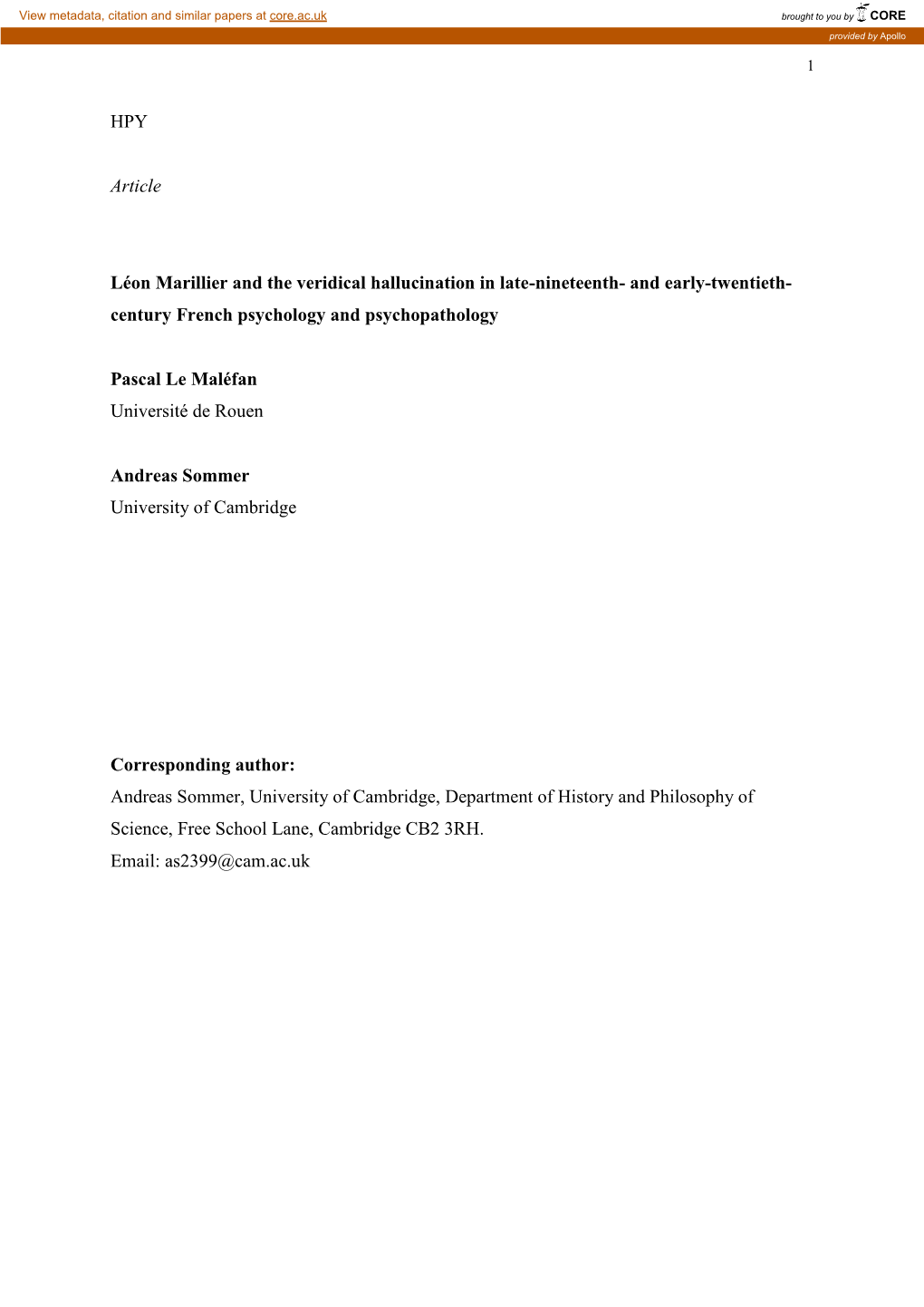 Léon Marillier and the Veridical Hallucination in Late-Nineteenth And