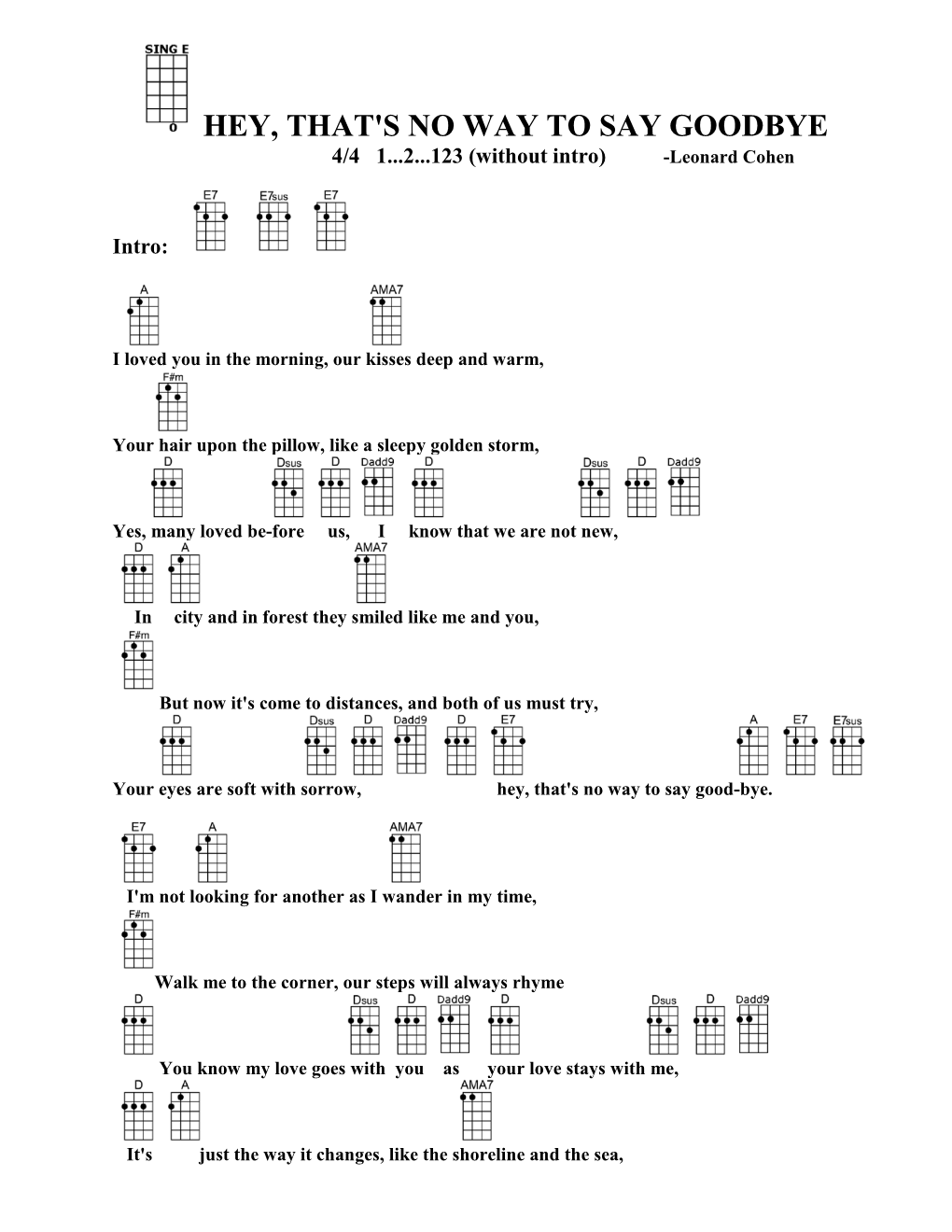 HEY, THAT's NO WAY to SAY GOODBYE 4/4 1...2...123 (Without Intro) -Leonard Cohen