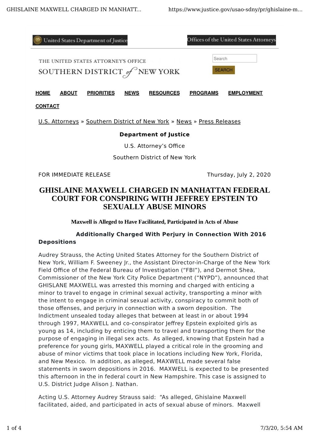 Ghislaine Maxwell Charged in Manhattan Federal Court for Conspiring with Jeffrey Epstein to Sexually Abuse Minors