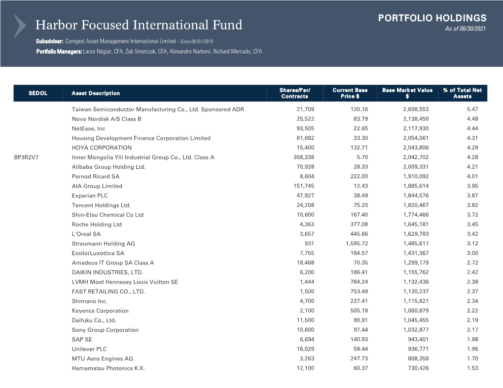 Focused International Fund Portfolio Holdings