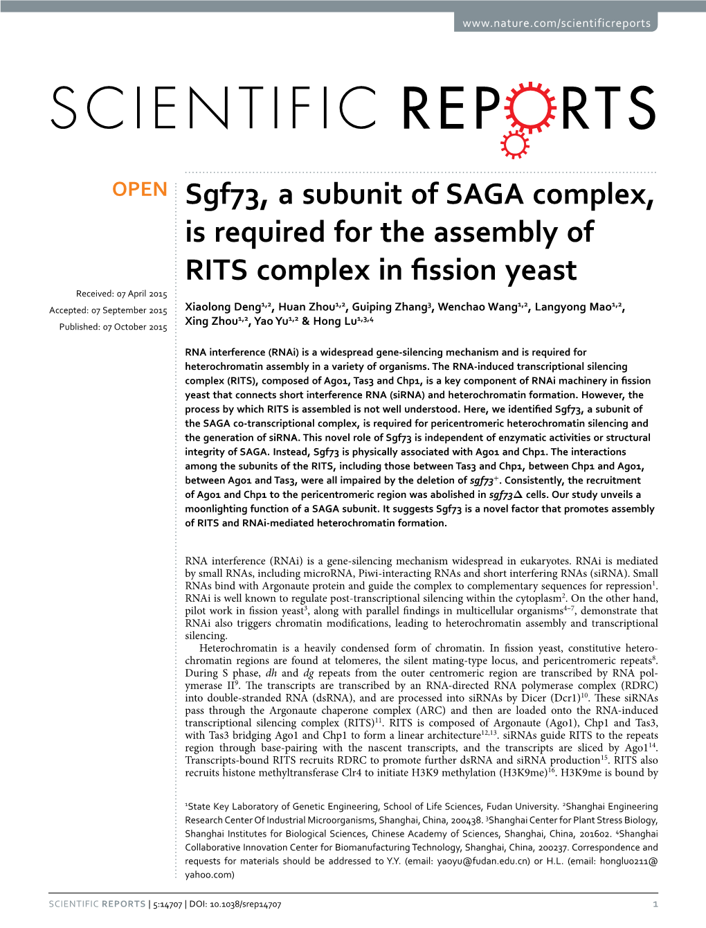 Sgf73, a Subunit of SAGA Complex, Is Required for the Assembly of RITS