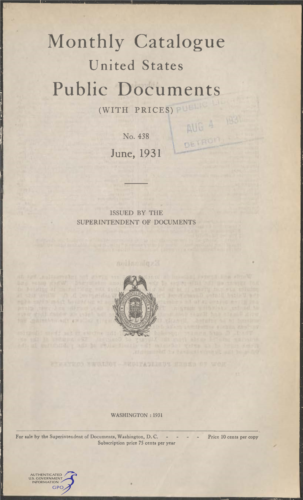 Monthly Catalogue, United States Public Documents, June 1931