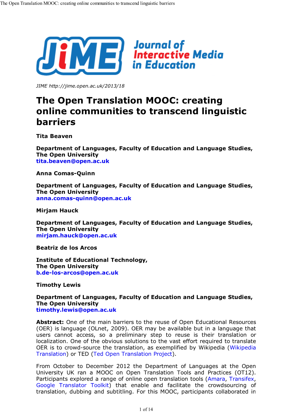 The Open Translation MOOC: Creating Online Communities to Transcend Linguistic Barrie Rs