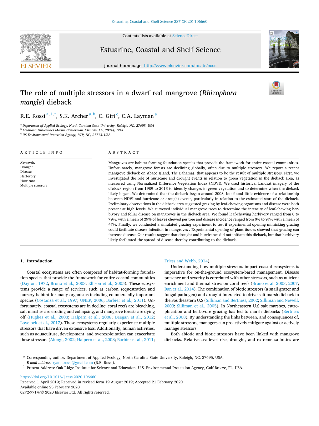 The Role of Multiple Stressors in a Dwarf Red Mangrove (Rhizophora Mangle) Dieback