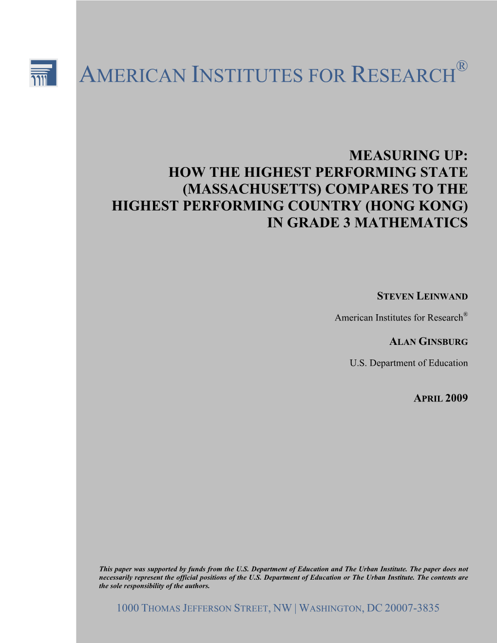 Measuring Up: How the Highest Performing State (Massachusetts) Compares to the Highest Performing Country (Hong Kong) in Grade 3 Mathematics