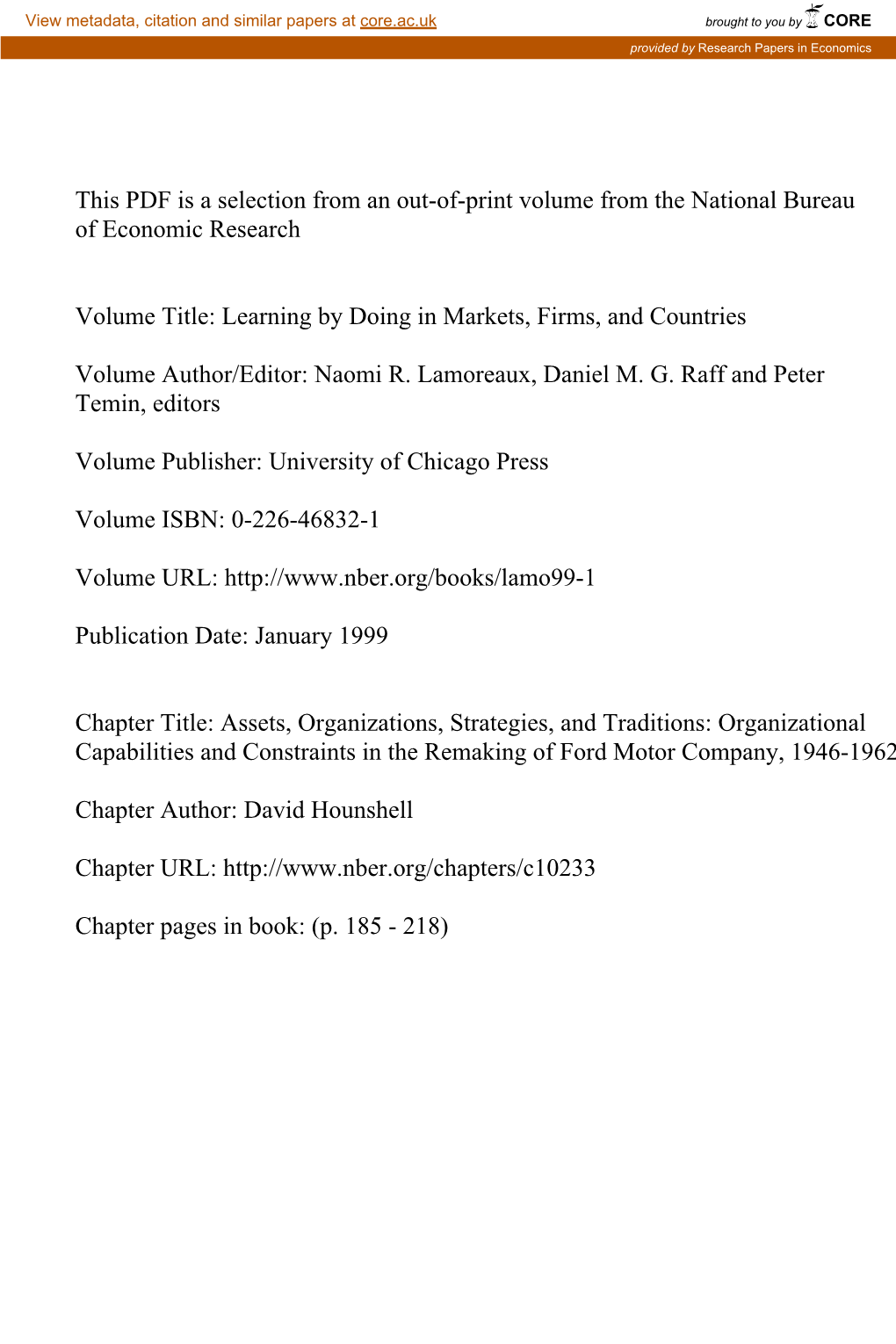 Organizational Capabilities and Constraints in the Remaking of Ford Motor Company, 1946-1962