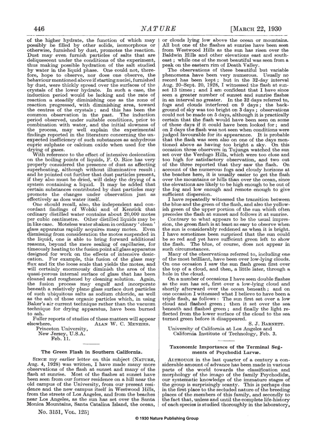 446 NATURE [MARCH 22, 1930 of the Higher Hydrate, the Function of Which May Or Clouds Lying Low Above the Ocean Or Mountains