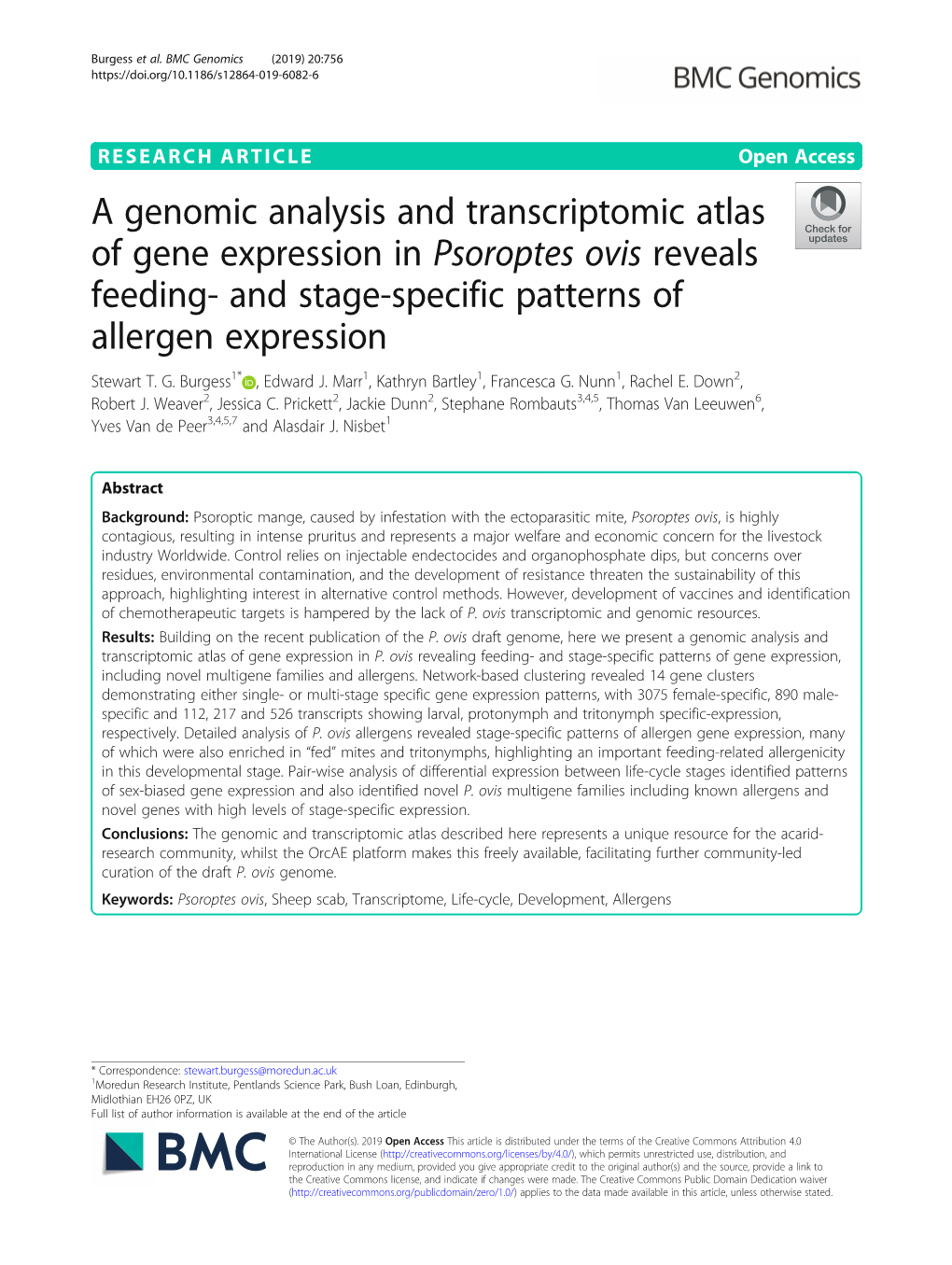 A Genomic Analysis and Transcriptomic Atlas of Gene Expression in Psoroptes Ovis Reveals Feeding- and Stage-Specific Patterns of Allergen Expression Stewart T