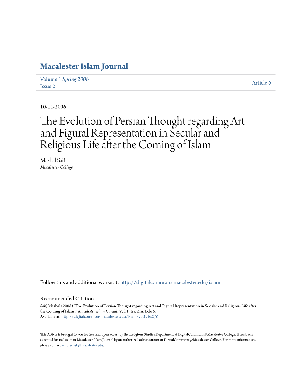 The Evolution of Persian Thought Regarding Art and Figural Repres