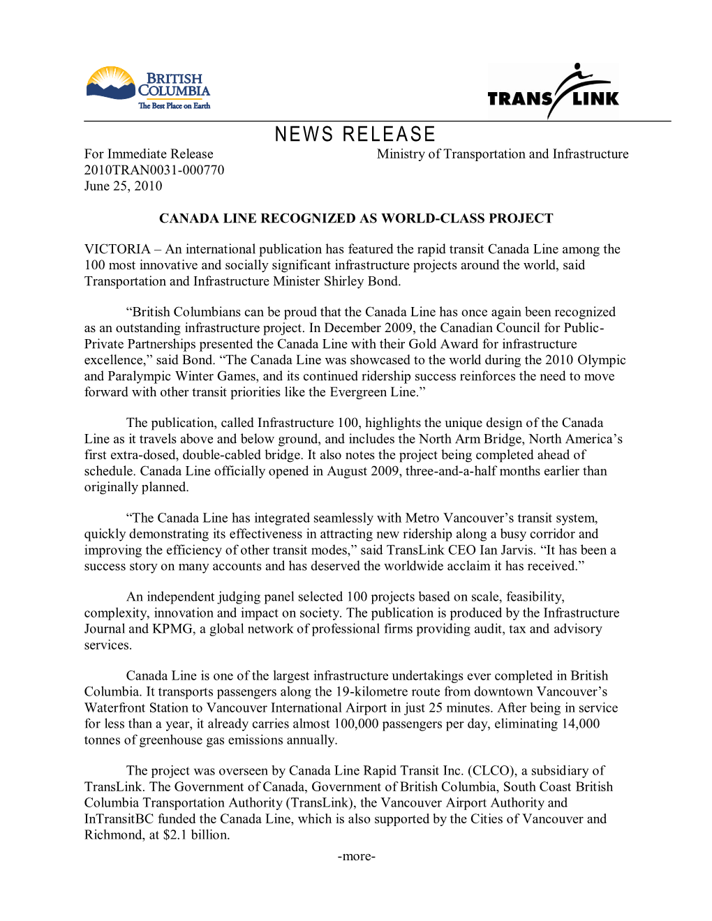 NEWS RELEASE for Immediate Release Ministry of Transportation and Infrastructure 2010TRAN0031-000770 June 25, 2010