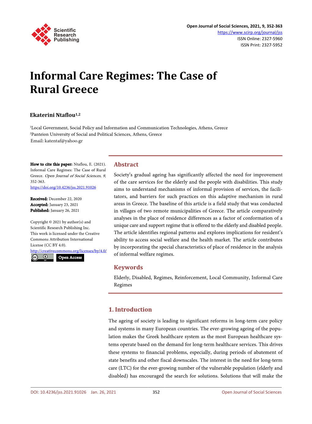 Informal Care Regimes: the Case of Rural Greece