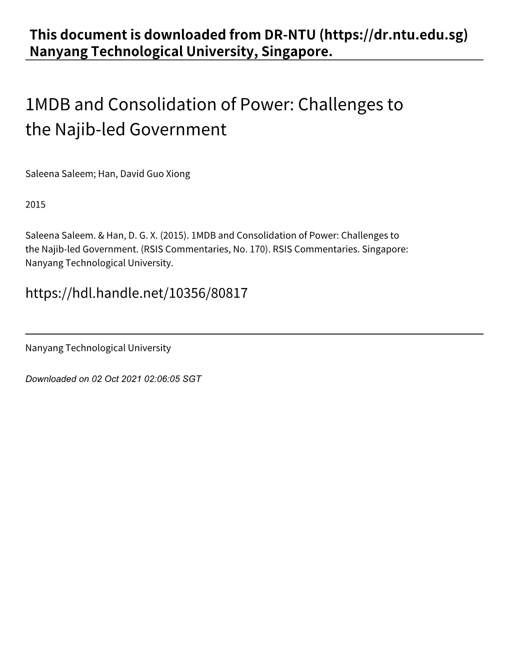 1MDB and Consolidation of Power: Challenges to the Najib‑Led Government