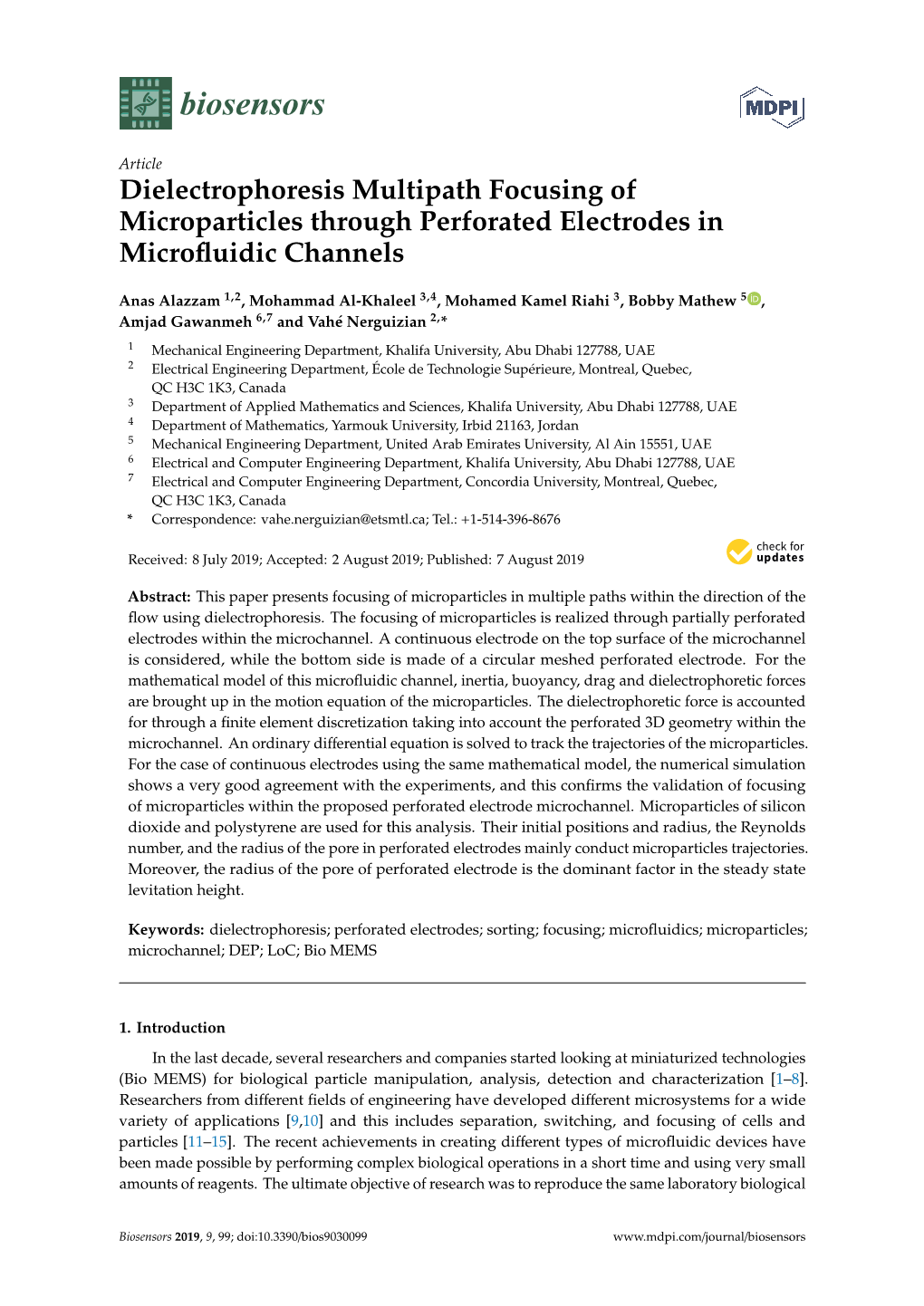 Dielectrophoresis Multipath Focusing of Microparticles Through Perforated Electrodes in Microﬂuidic Channels