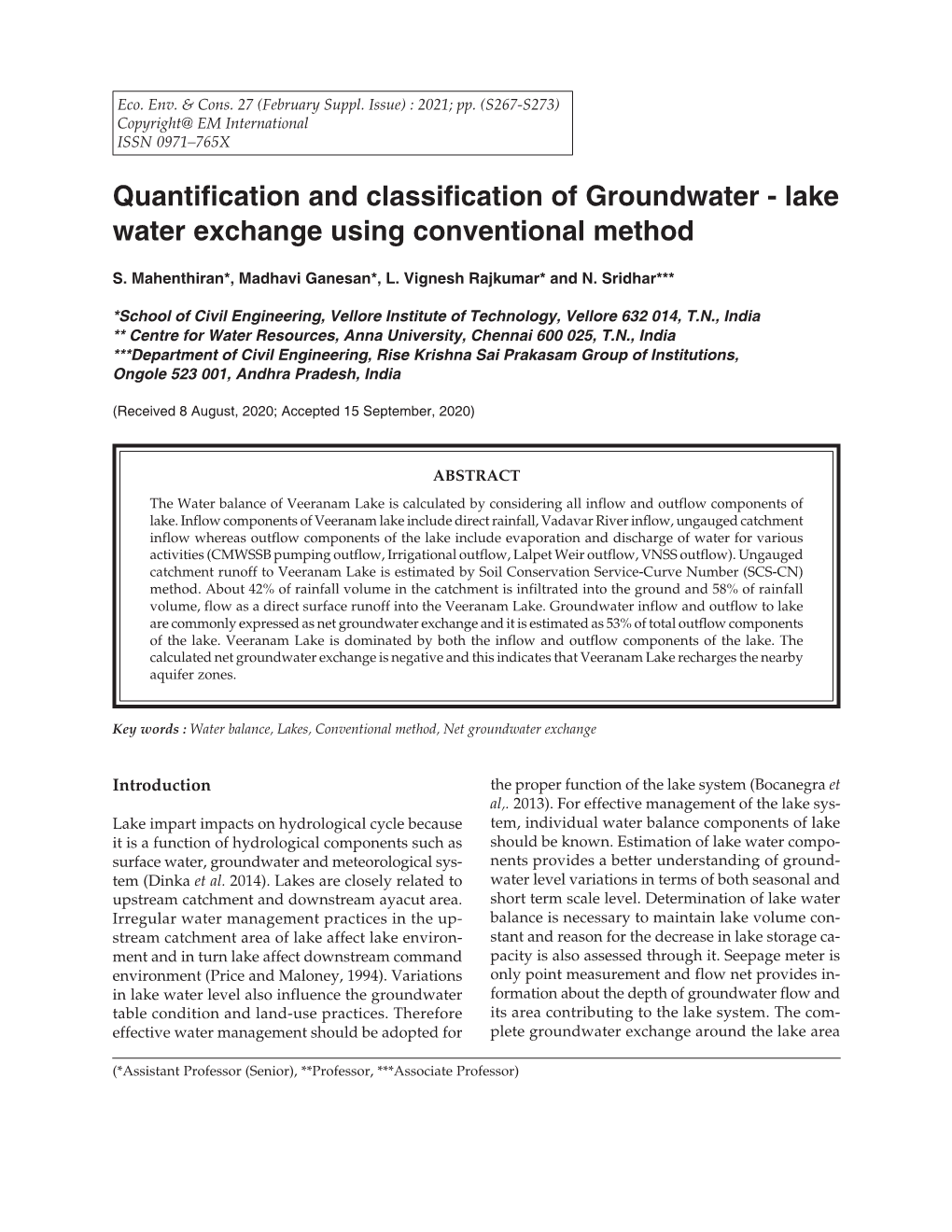 Quantification and Classification of Groundwater - Lake Water Exchange Using Conventional Method