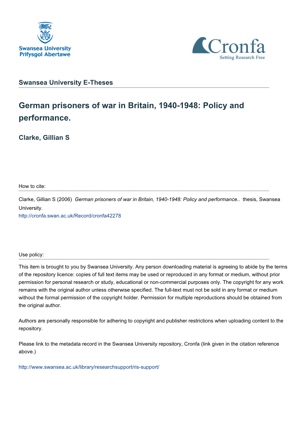 German Prisoners of War in Britain, 1940-1948: Policy and Performance