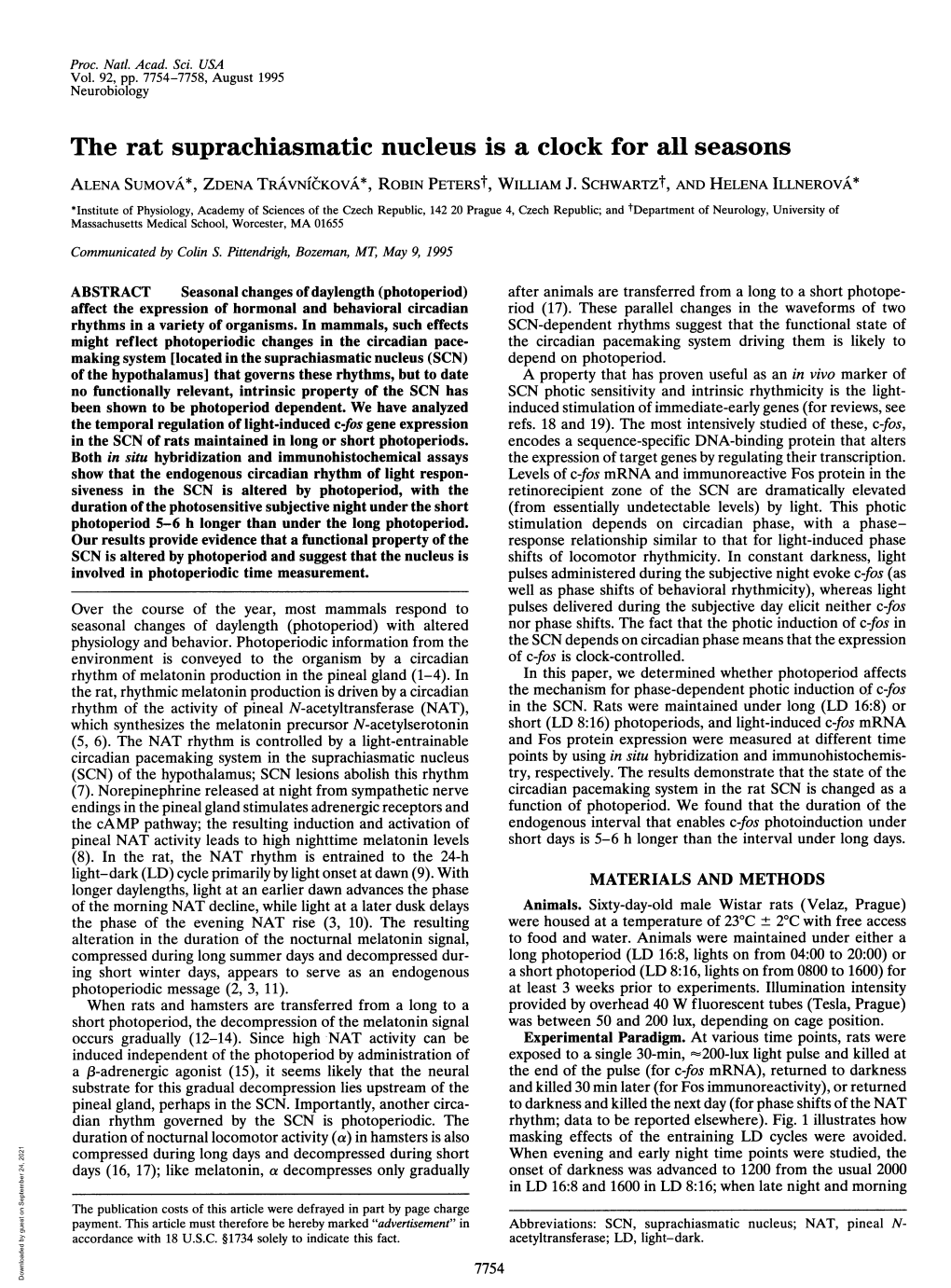 The Rat Suprachiasmatic Nucleus Is a Clock for All Seasons ALENA SUMOVA*, ZDENA TRAVNICNKOVA&*, ROBIN Peterst, WILLIAM J