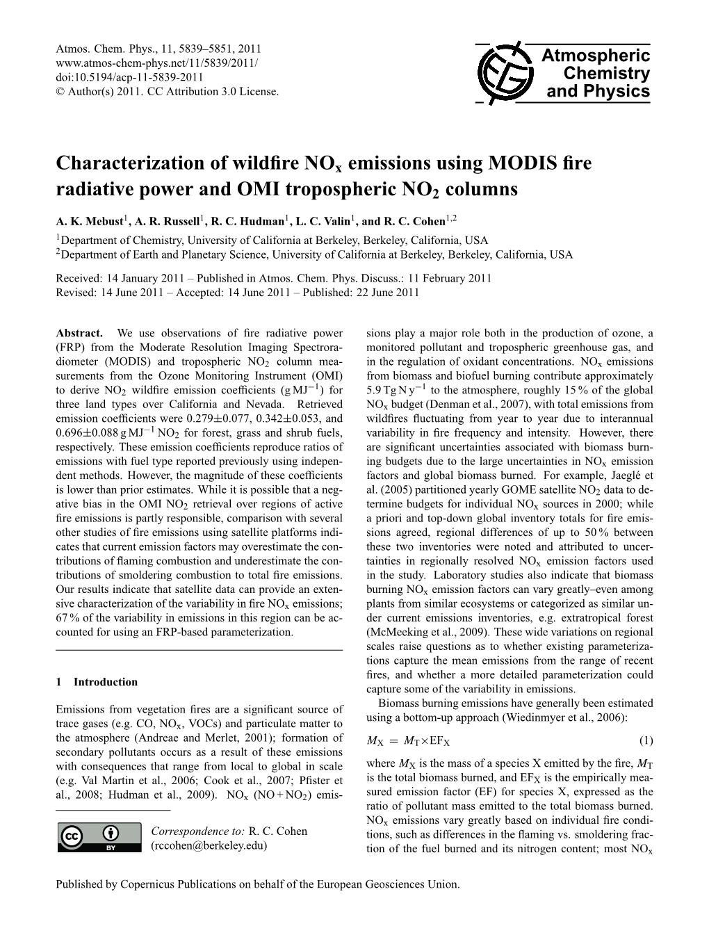 Characterization of Wildfire Nox Emissions Using MODIS Fire