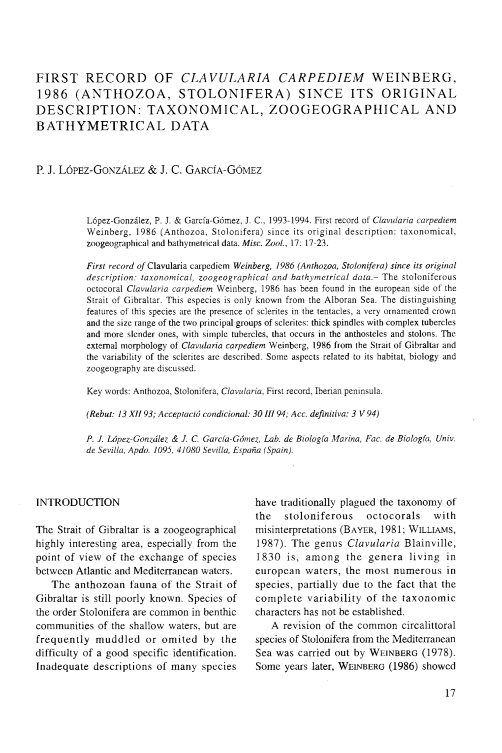 First Record of Clavularia Carpediem Weinberg, 1986 (Anthozoa, Stolonifera) Since Its Original Description: Taxonomical, Zoogeographical and Bathymetrical Data