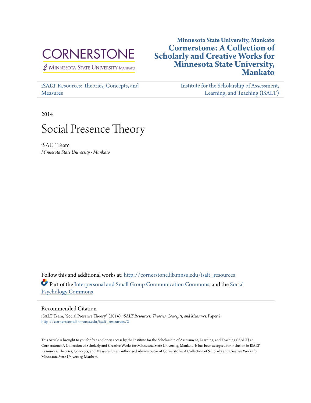 Social Presence Theory Isalt Team Minnesota State University - Mankato