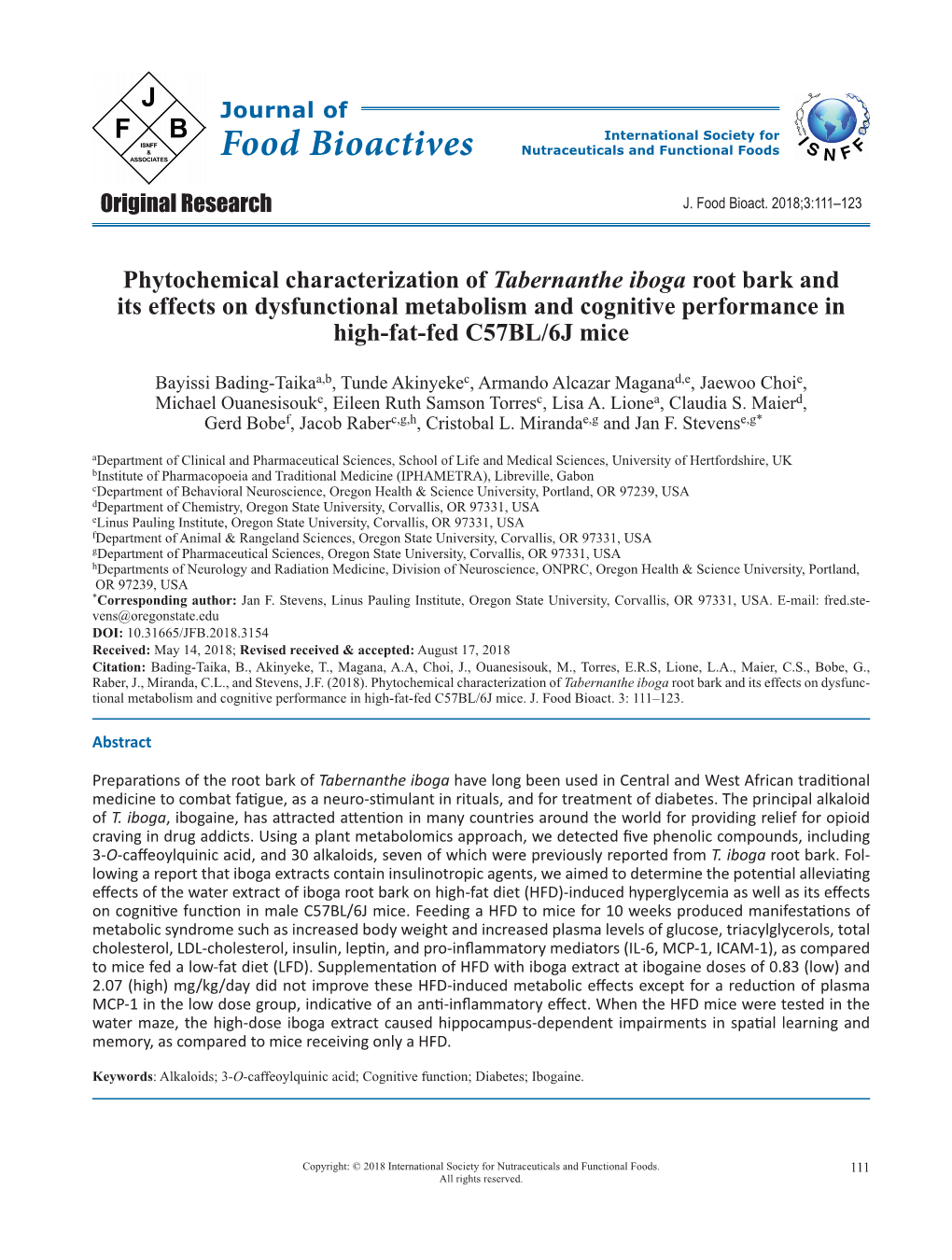 Phytochemical Characterization of ﻿Tabernanthe