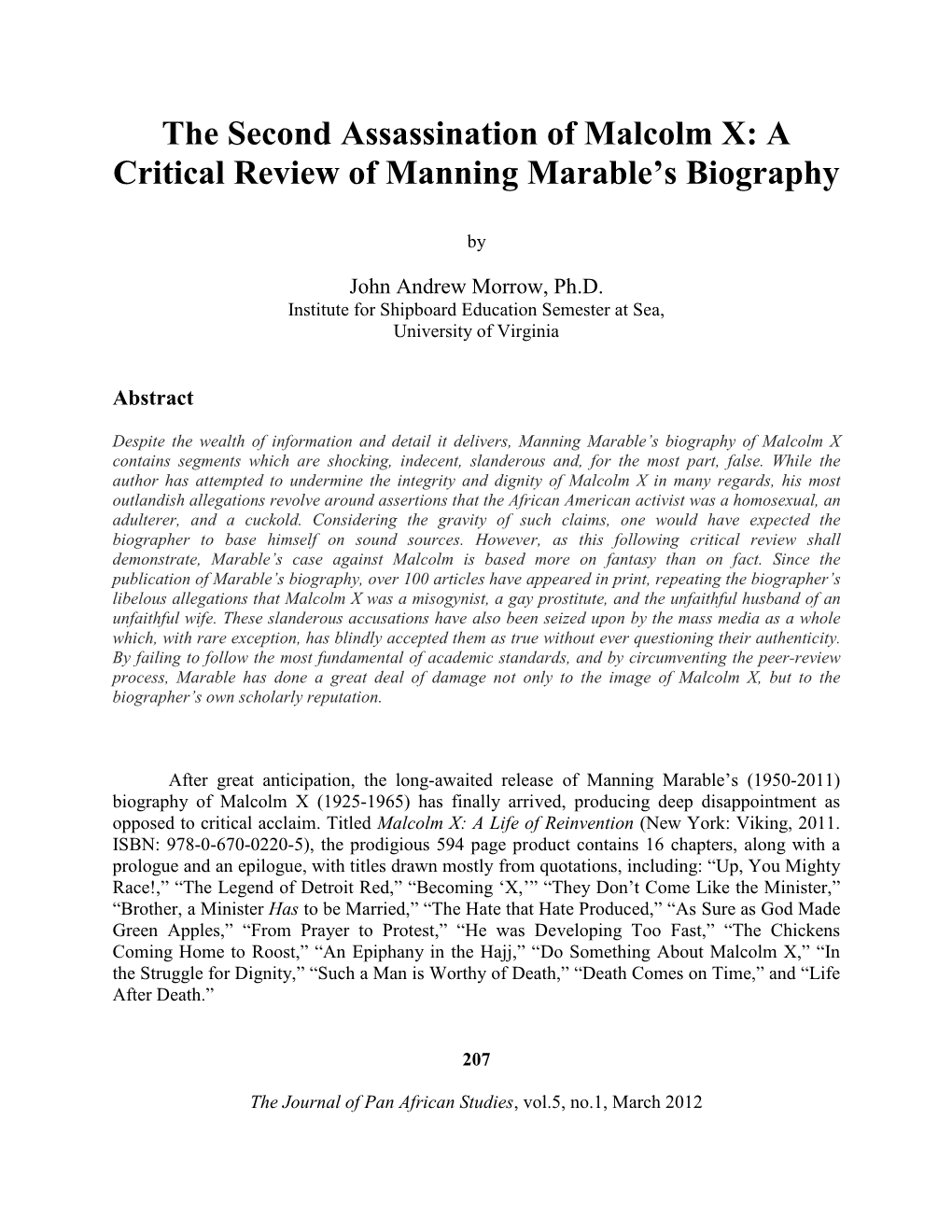 The Second Assassination of Malcolm X: a Critical Review of Manning Marable’S Biography