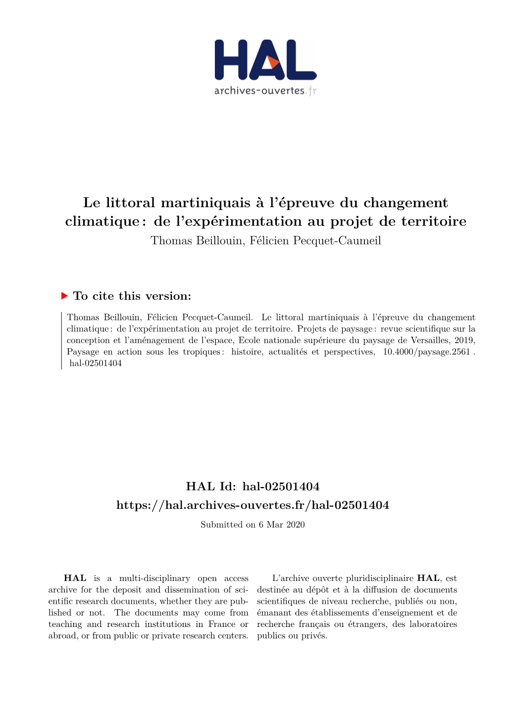 Le Littoral Martiniquais À L'épreuve Du Changement Climatique: De L'expérimentation Au Projet De Territoire