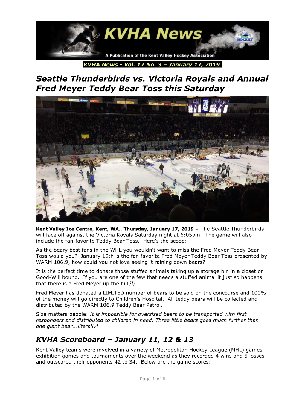 Seattle Thunderbirds Vs. Victoria Royals and Annual Fred Meyer Teddy Bear Toss This Saturday