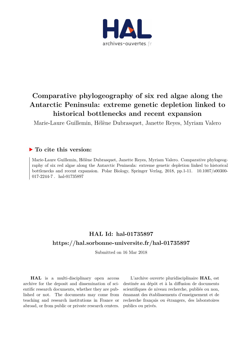 Comparative Phylogeography of Six Red Algae Along the Antarctic