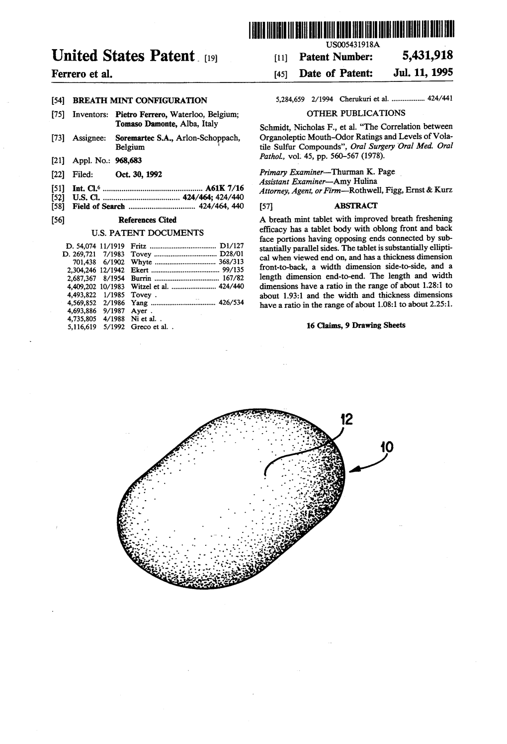 United States Patent (19) 11) Patent Number: 5,431,918 Ferrero Et Al