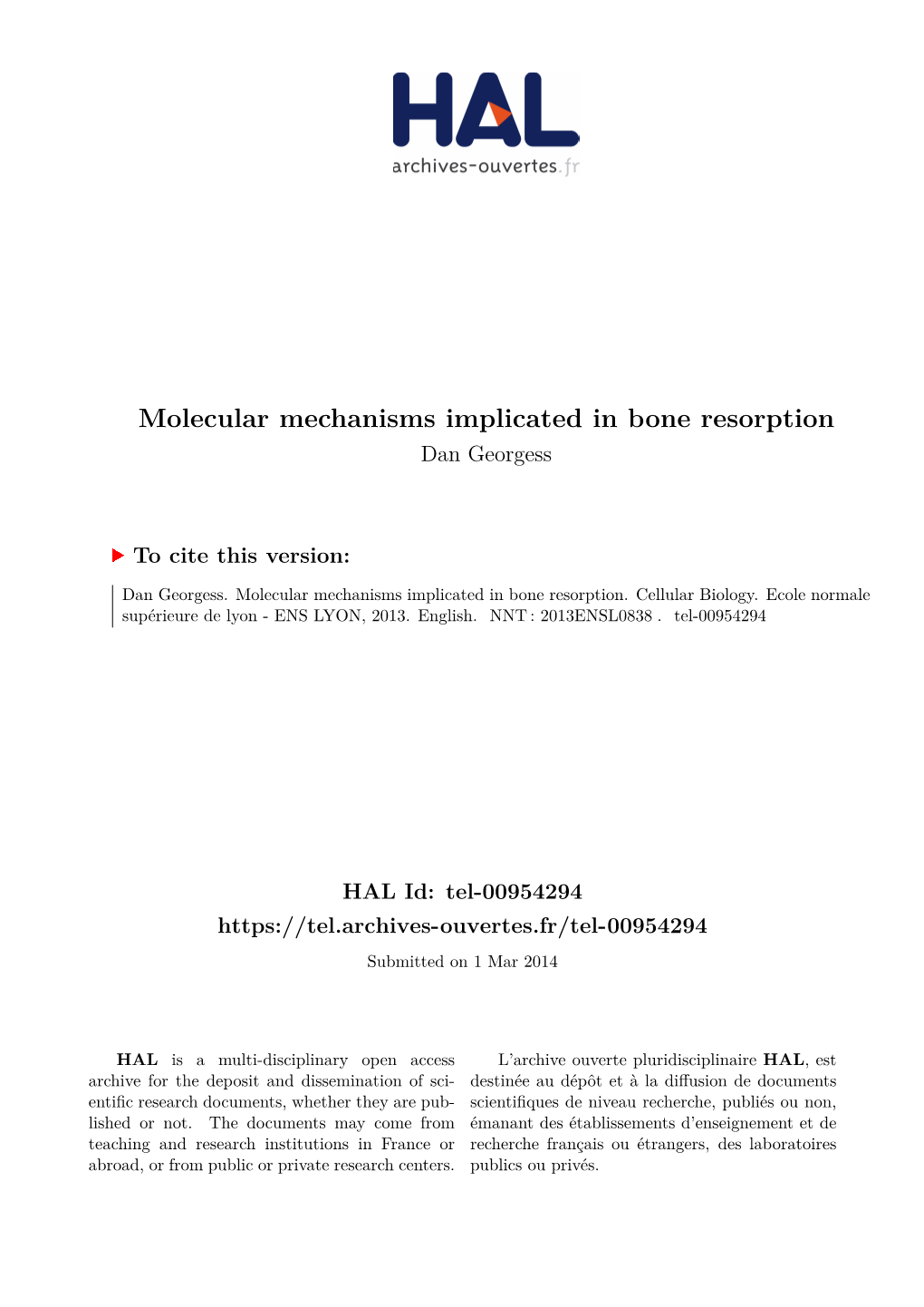 Molecular Mechanisms Implicated in Bone Resorption Dan Georgess