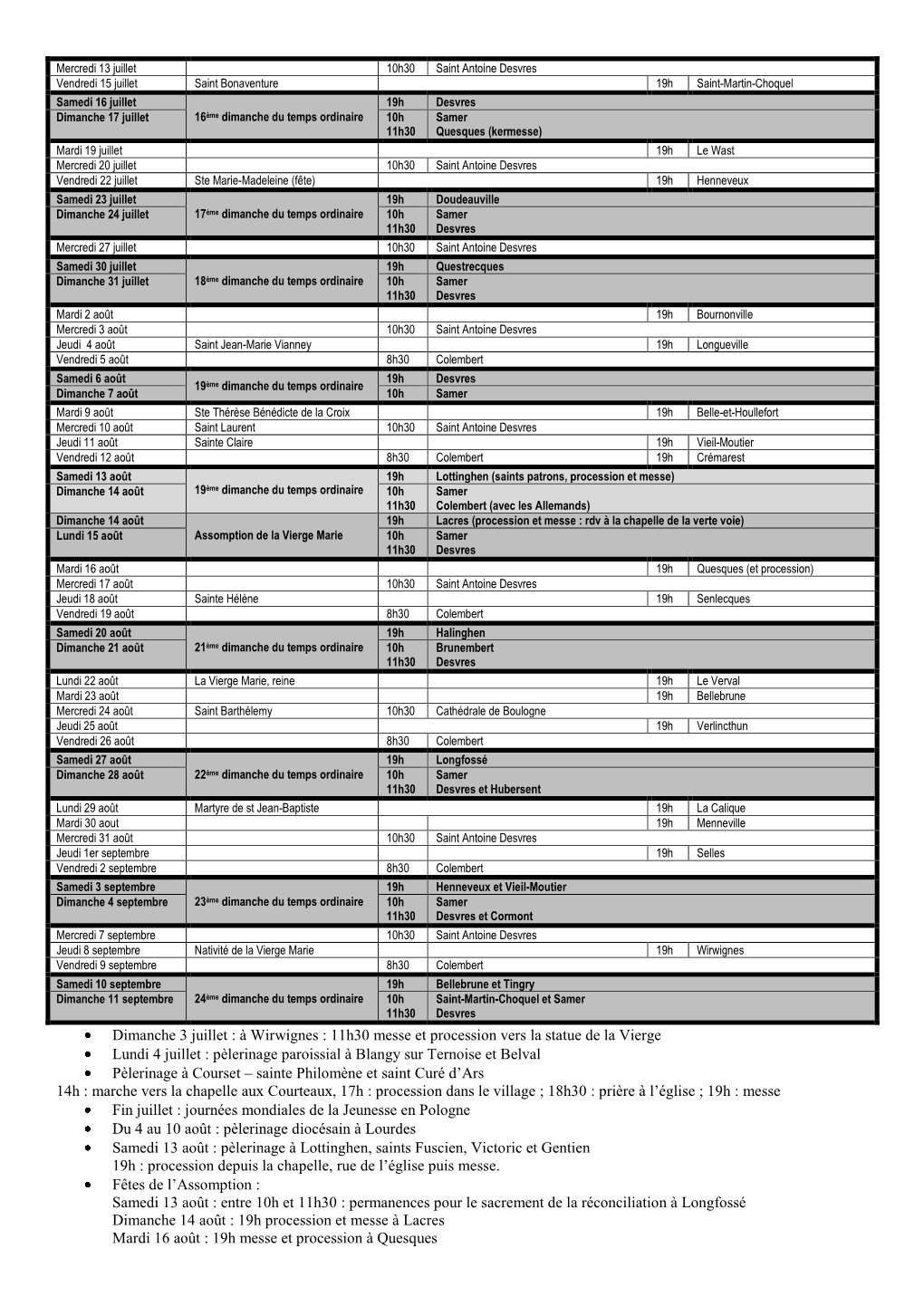 Dimanche 3 Juillet : À Wirwignes : 11H30 Messe Et Procession Vers La