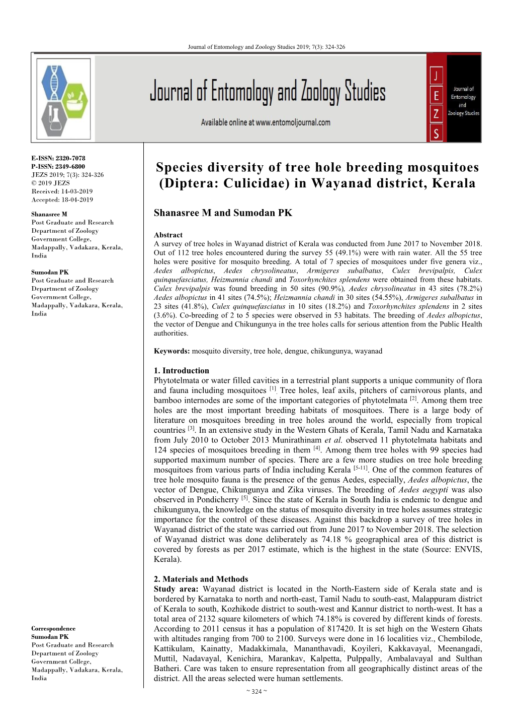 Diptera: Culicidae) in Wayanad District, Kerala Received: 14-03-2019 Accepted: 18-04-2019