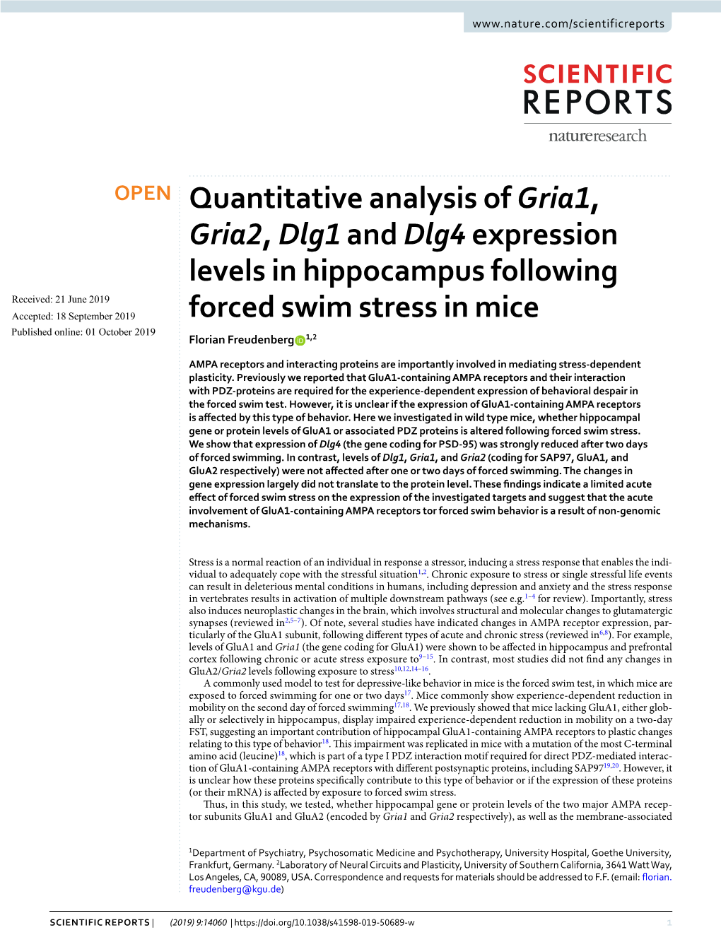 Quantitative Analysis of Gria1, Gria2, Dlg1 and Dlg4 Expression Levels In