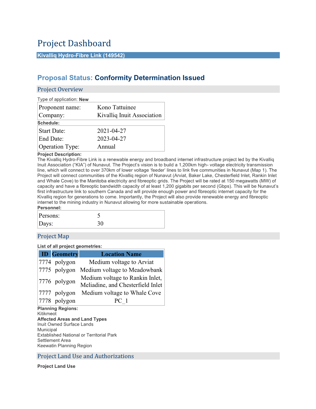 Project Dashboard Kivalliq Hydro-Fibre Link (149542)