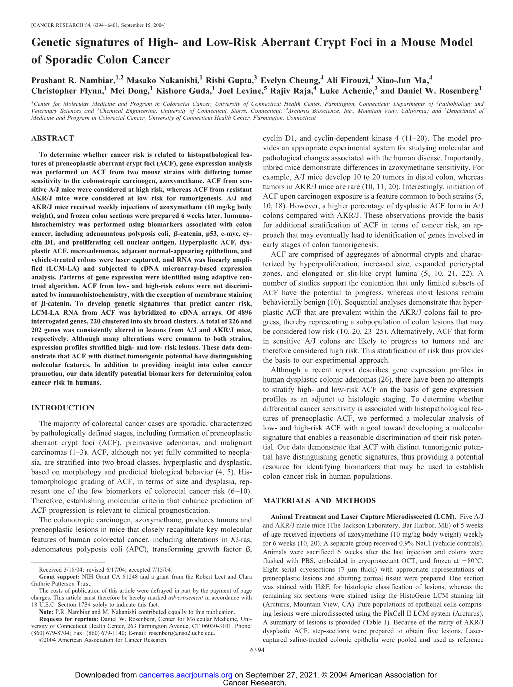 And Low-Risk Aberrant Crypt Foci in a Mouse Model of Sporadic Colon Cancer