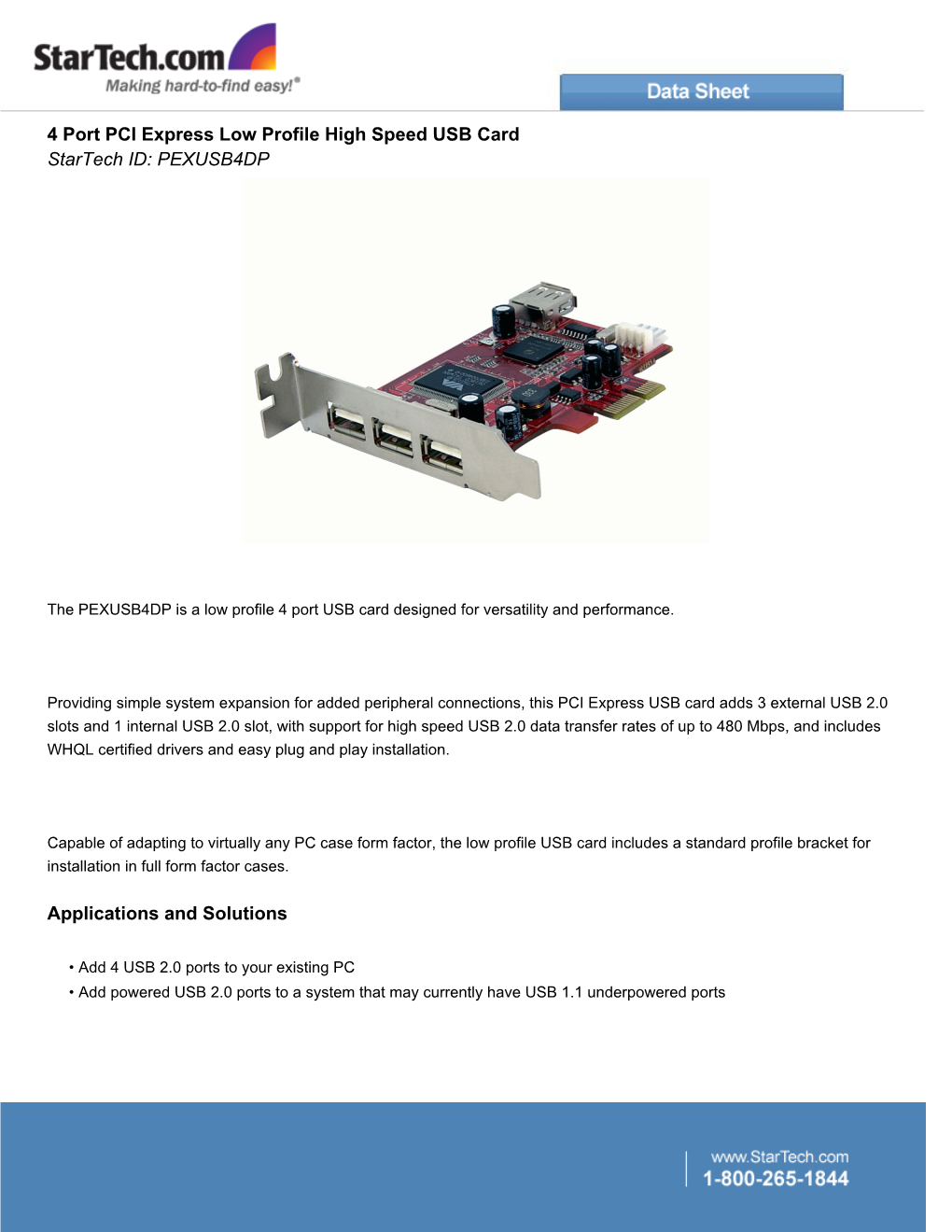 4 Port PCI Express Low Profile High Speed USB Card Startech ID: PEXUSB4DP